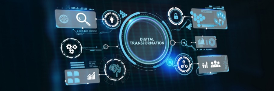 Digital transformation interface with interconnected icons representing essential transformation tips for nonprofits