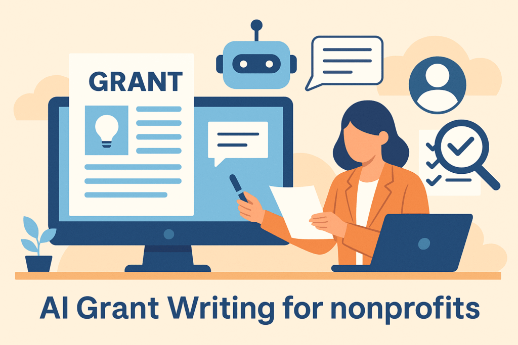 Illustration showing AI-assisted grant writing for nonprofits