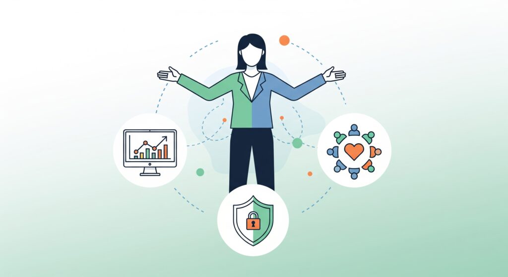 Illustration representing a fractional CIO for nonprofits, featuring a woman with icons for analytics, security, and philanthropy