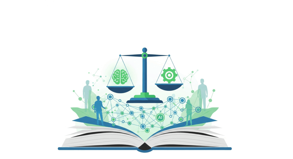 Illustration of an open book with a balanced scale above it, showing a brain on one side and a gear on the other, surrounded by human figures and AI network connections, symbolizing the ethical balance between artificial intelligence and technology in learning.