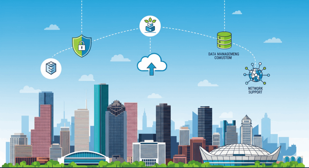 Flat design vector illustration showing a central computer screen displaying a growth chart, with interconnected lines leading to icons representing key managed IT services for businesses. These services include cybersecurity (a lock icon), cloud computing (a cloud icon with an upward arrow), and a server rack. The image visually represents comprehensive IT solutions for businesses in Houston, Texas.