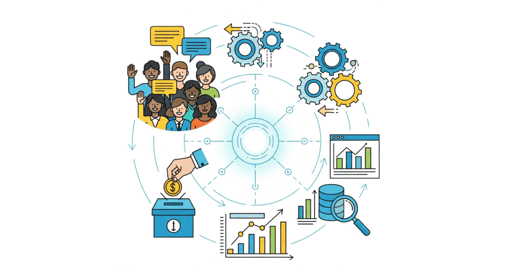 Flat design vector illustration for "Top Nonprofit Tech Solutions for Empowering Change" blog post. Shows a central building icon labeled "NONPROFIT" connected by lines to various tech-enabled activities: "COMMUNITY ENGAGEMENT" via mobile phones, "STREAMLINED OPERATIONS" with staff managing digital tasks, "FUNDRAISING" with a person analyzing charts on a desktop, and "DATA MANAGEMENT" with another person viewing data insights on a monitor. The overall image highlights the interconnectedness of technology in modern nonprofit operations.