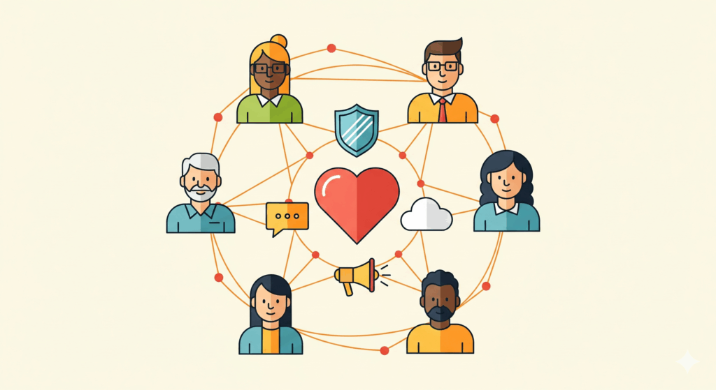 A flat design illustration representing a nonprofit's core mission with people, technology, and transparency at its heart, symbolizing exceptional customer service for donors, volunteers, and recipients.