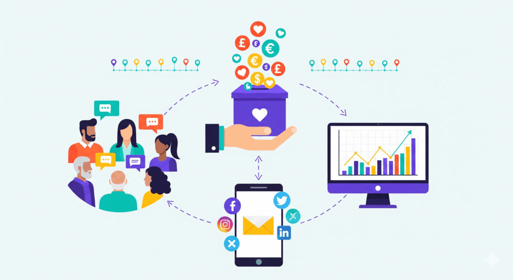 Flat design vector illustration for a blog post about successful fundraising. It shows a central hand holding an overflowing donation box, surrounded by icons for donor engagement (a group of people), digital communication (a smartphone and email icon), and data analytics (a computer with a chart). The image conveys a modern, technology-driven approach to fundraising.