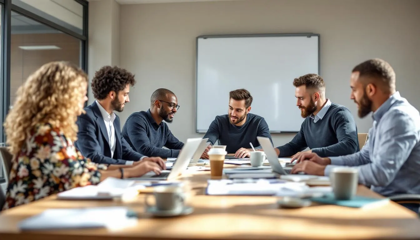 A group of nonprofit staff members is collaborating with a consultant, working together on laptop computers to enhance their organizational development and strategic planning. This teamwork emphasizes the importance of nonprofit consulting in strengthening leadership and management capacity within the nonprofit sector.