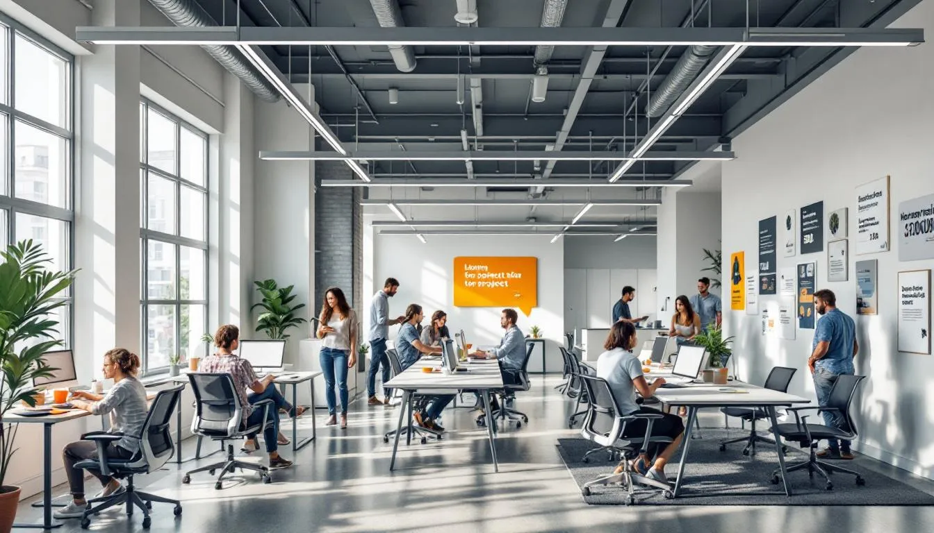 The image depicts a modern nonprofit office space bustling with staff and volunteers collaborating at computers and around meeting tables, actively engaged in discussions and teamwork to further their mission in the nonprofit sector. Various resources and materials are visible, highlighting their focus on community service and social welfare organizations.