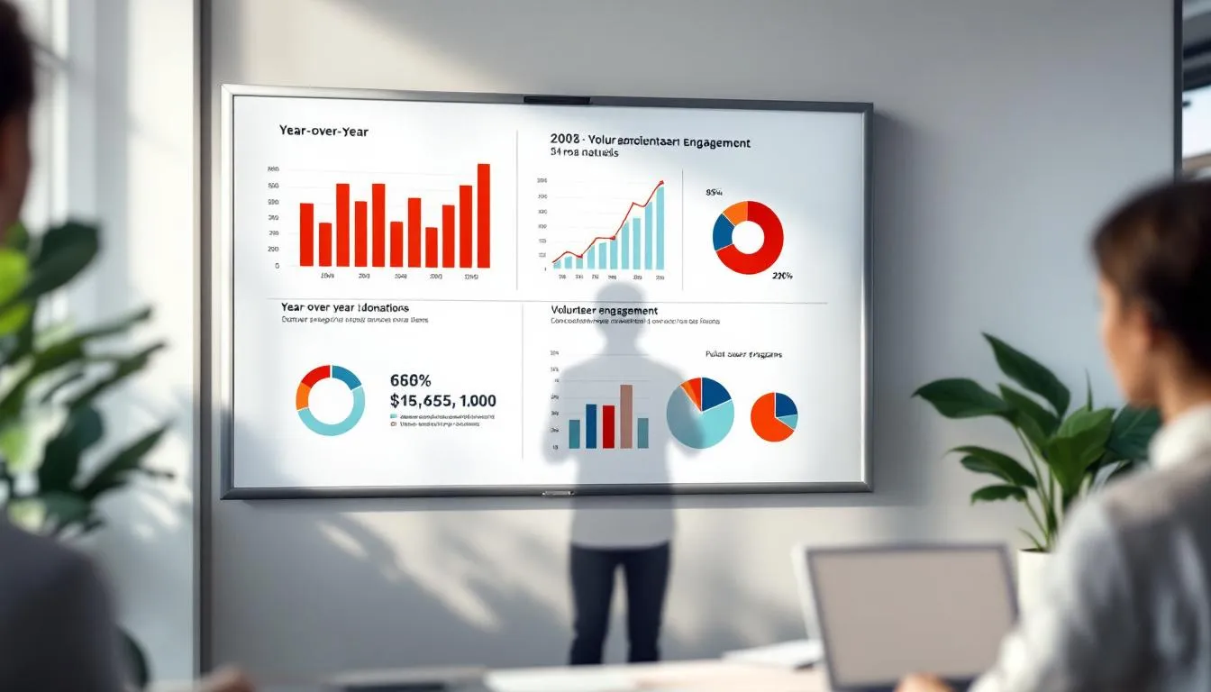 The image features various charts and graphs illustrating growth trends and key metrics within the nonprofit sector, highlighting the importance of strategic planning and organizational development for nonprofit organizations. These visual data representations emphasize the role of nonprofit consultants in strengthening leadership and enhancing management capacity to drive community impact.