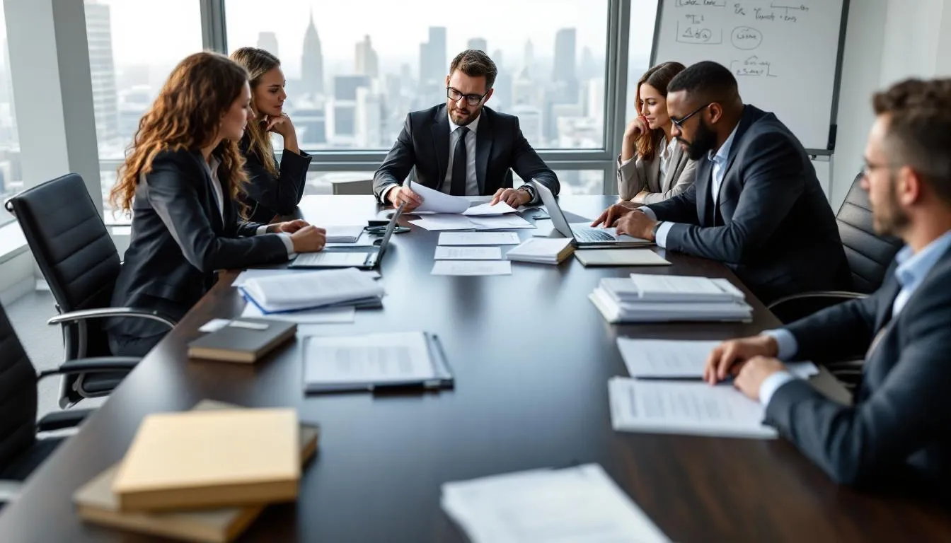 A diverse group of professionals is engaged in a business meeting around a conference table, carefully reviewing legal documents, likely related to nonprofit organizations and their compliance with tax codes. The atmosphere is focused and collaborative as they discuss important matters concerning the nonprofit sector and its various regulations.