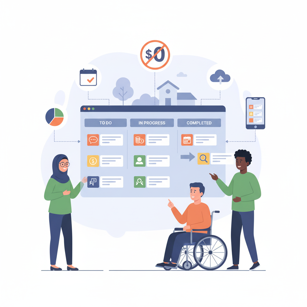 A diverse team of three nonprofit professionals, including one in a wheelchair and one wearing a hijab, collaboratively review a large digital Kanban board on a screen. The board shows columns for "To Do," "In Progress," and "Completed" tasks, with various project management icons like a dollar sign for funding, a chat bubble for communication, and a computer screen. Above the screen, a prominent icon indicates "$0" with a strike-through, emphasizing free tools. Surrounding elements include a calendar, a pie chart, a cloud icon, and a mobile phone displaying a project management interface, all set against a subtle background of houses and trees, suggesting community and mission.