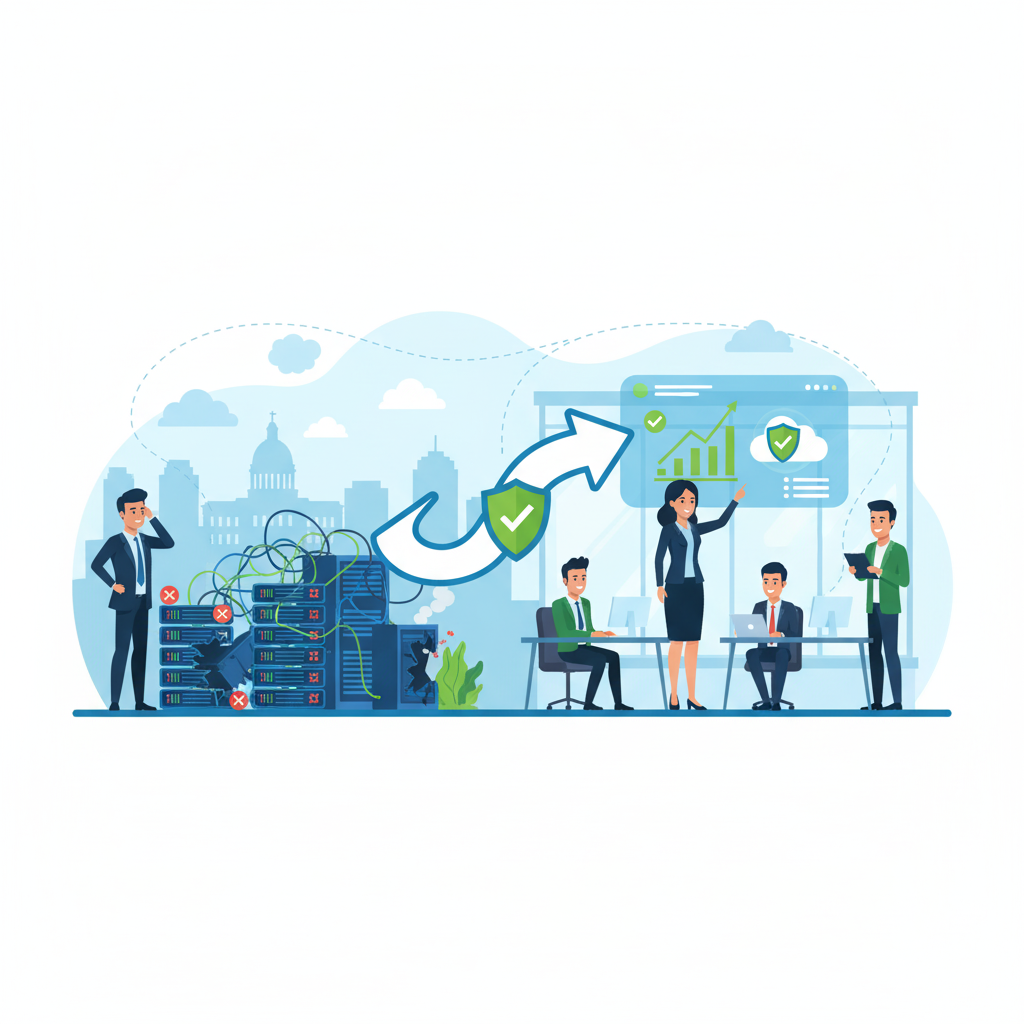 A flat design illustration showing a city landscape divided by a winding, broken road on the left, where a small car with a technician is stuck in traffic (Proximity). On the right, a powerful, secure data connection represented by a glowing green line bypasses the road, quickly fixing a red, malfunctioning desktop computer screen. A technician with a headset is seated remotely, instantly providing IT support via a large digital screen. The image visually contrasts slow physical response with immediate digital resolution.