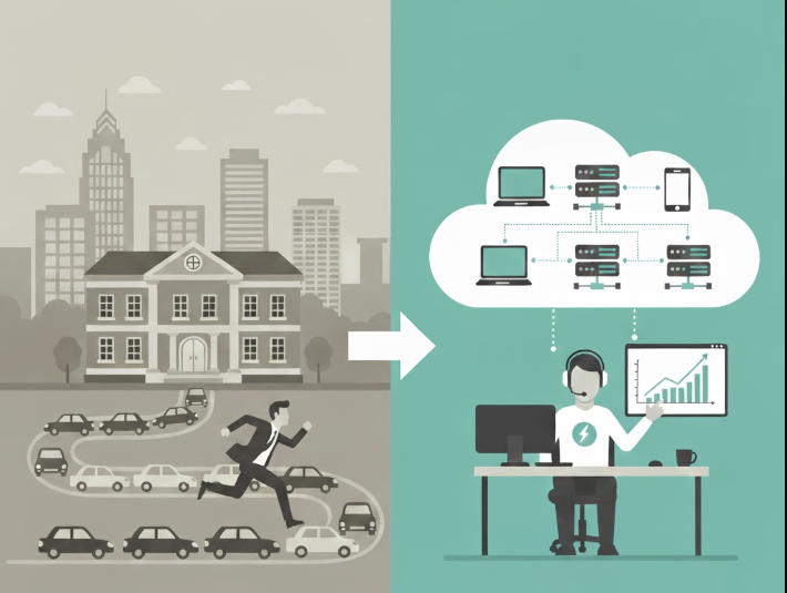 Flat design illustration comparing slow, local IT support service with fast, remote-first cloud-based managed IT services.