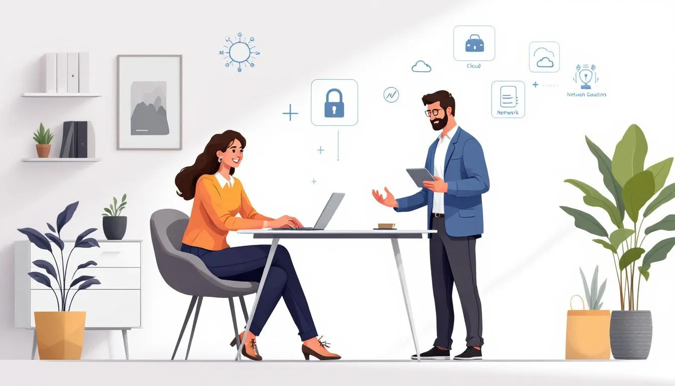 A small business owner discussing IT support services with a support specialist. A small business owner discussing IT support services with a support specialist.