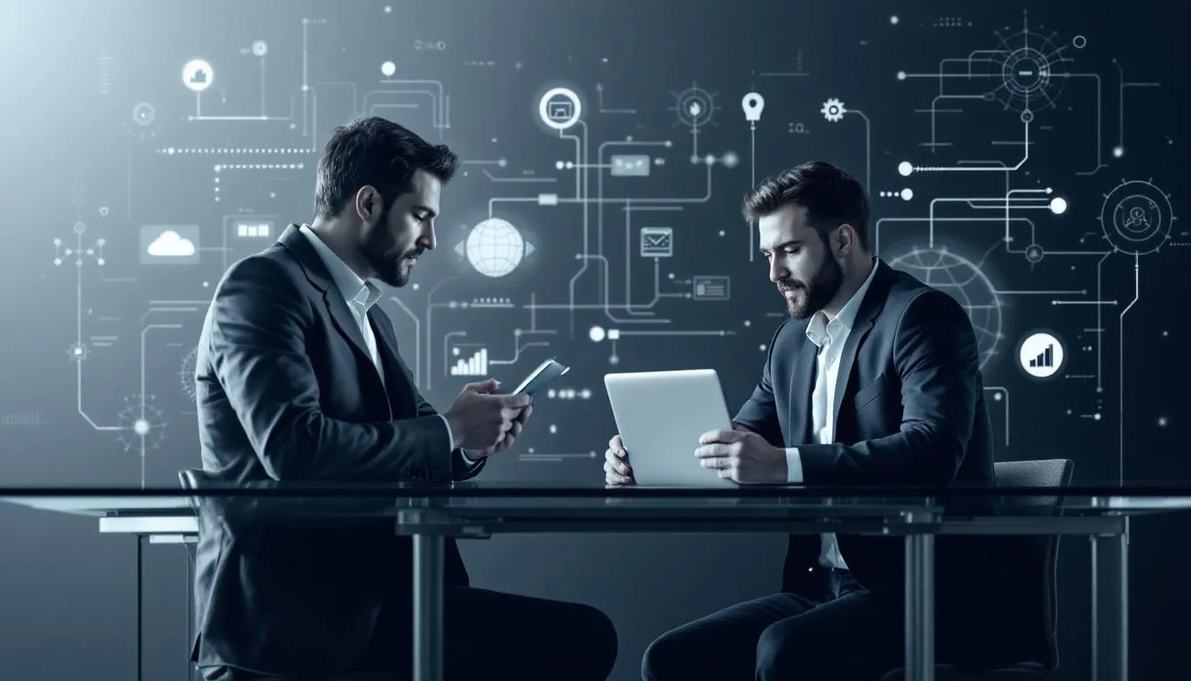An IT consultant collaborating with a business leader to enhance business operations. An IT consultant collaborating with a business leader to enhance business operations.
