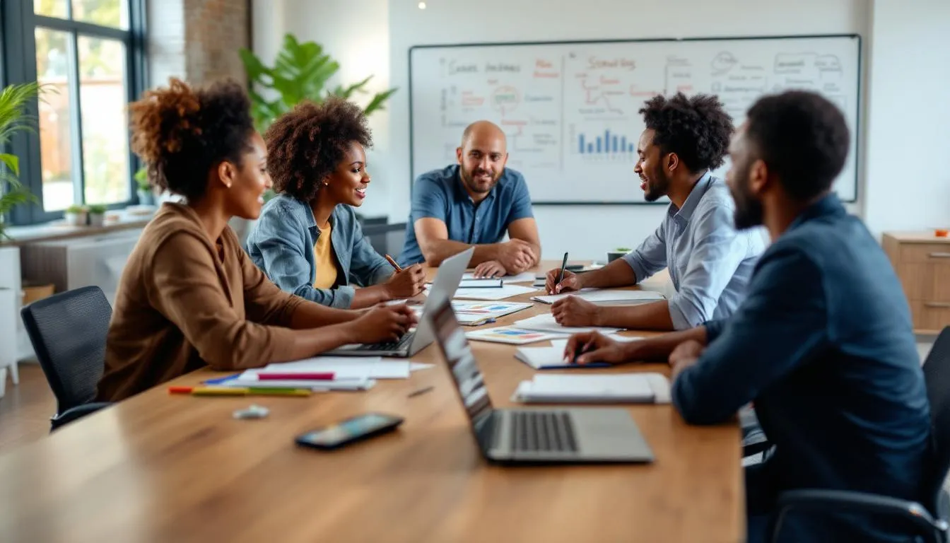 A diverse group of nonprofit consultants is engaged in a strategic planning session, collaborating to strengthen leadership and management capacity within the nonprofit sector. They discuss organizational development and strategies to enhance the impact of nonprofit organizations on their communities.