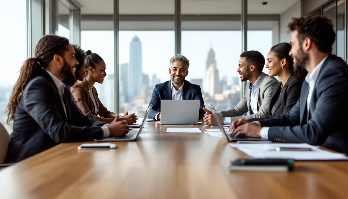 A diverse team of nonprofit consultants is engaged in a strategic planning meeting around a conference table, discussing ways to strengthen leadership and management capacity for their nonprofit clients. The atmosphere reflects collaboration and a commitment to addressing pressing challenges within the nonprofit sector.