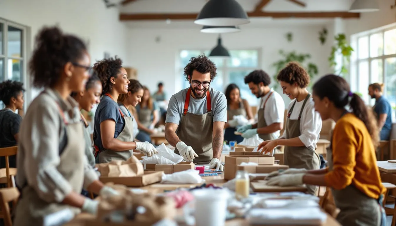 A group of diverse volunteers collaborates in a community center, engaging in various activities to support local nonprofit organizations. They work together to enhance community resources and promote social welfare, embodying the spirit of charitable service.