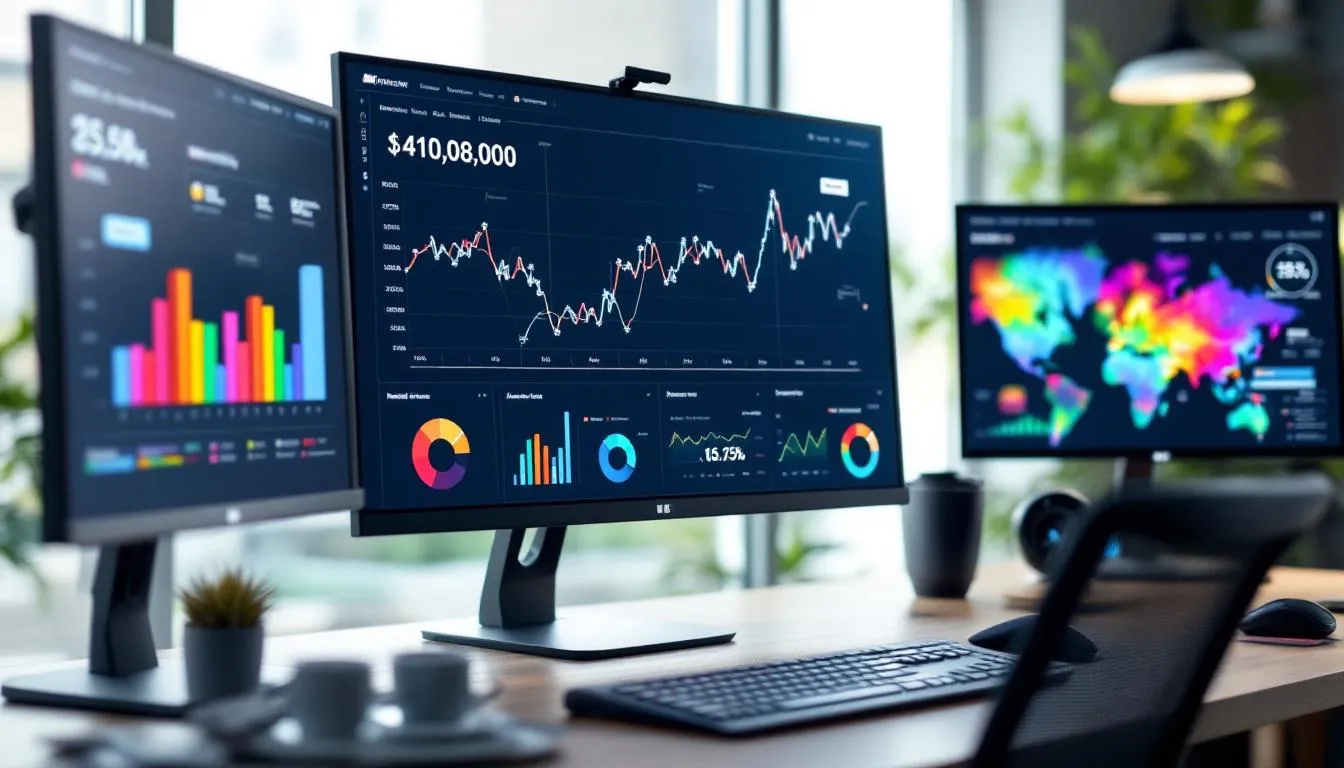 The image depicts an analytics dashboard on computer screens, showcasing various charts, graphs, and real-time data visualizations. This environment emphasizes data management and continuous improvements, providing organizations with tools to effectively monitor metrics and enhance productivity. The image depicts an analytics dashboard on computer screens, showcasing various charts, graphs, and real-time data visualizations. This environment emphasizes data management and continuous improvements, providing organizations with tools to effectively monitor metrics and enhance productivity.