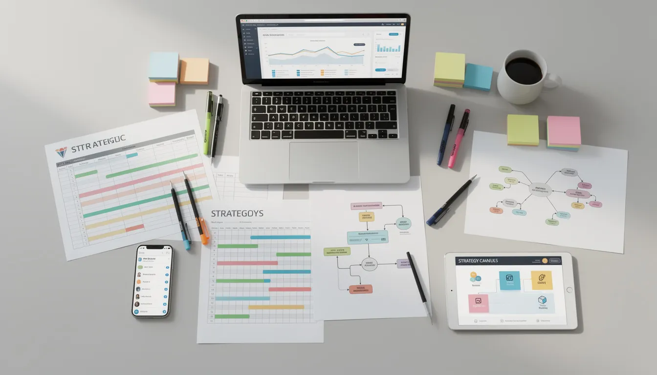 The image depicts a cluttered desk filled with various strategic planning tools and templates, including worksheets, timelines, and digital devices, all essential for the nonprofit strategic planning process. These resources are designed to assist nonprofit leaders and board members in developing their organization The image depicts a cluttered desk filled with various strategic planning tools and templates, including worksheets, timelines, and digital devices, all essential for the nonprofit strategic planning process. These resources are designed to assist nonprofit leaders and board members in developing their organization's strategic plan, setting measurable objectives, and aligning their vision and mission statements with the needs of internal and external stakeholders.