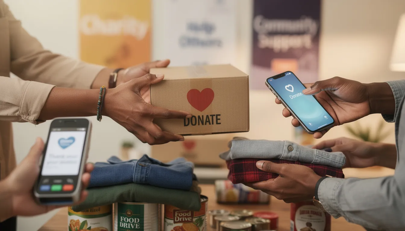 The image depicts a diverse group of hands exchanging donation materials and payment devices, symbolizing the collaborative efforts of charitable organizations and eligible nonprofits in fundraising. This scene highlights the importance of community support and the role of nonprofits in raising awareness and empowering changemakers. The image depicts a diverse group of hands exchanging donation materials and payment devices, symbolizing the collaborative efforts of charitable organizations and eligible nonprofits in fundraising. This scene highlights the importance of community support and the role of nonprofits in raising awareness and empowering changemakers.