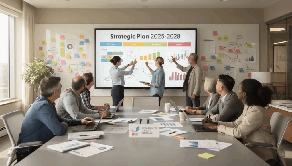 Team using strategic planning templates during board retreat