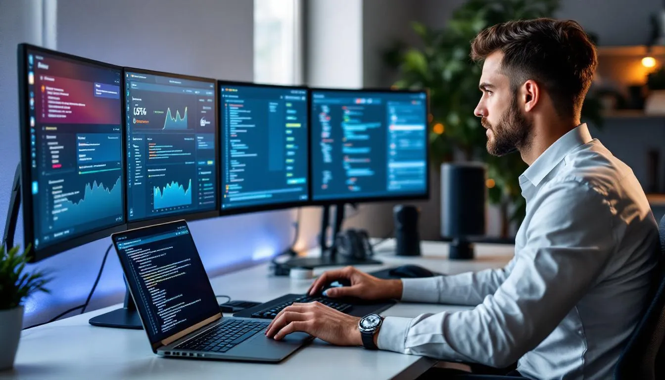 A developer is seated at a modern workstation equipped with multiple monitors, displaying deployment dashboards, code, and various metrics related to data management and platform engineering. The setup reflects a focus on efficiency and productivity, essential for managing AI workloads and ensuring minimal downtime for clients and users. A developer is seated at a modern workstation equipped with multiple monitors, displaying deployment dashboards, code, and various metrics related to data management and platform engineering. The setup reflects a focus on efficiency and productivity, essential for managing AI workloads and ensuring minimal downtime for clients and users.