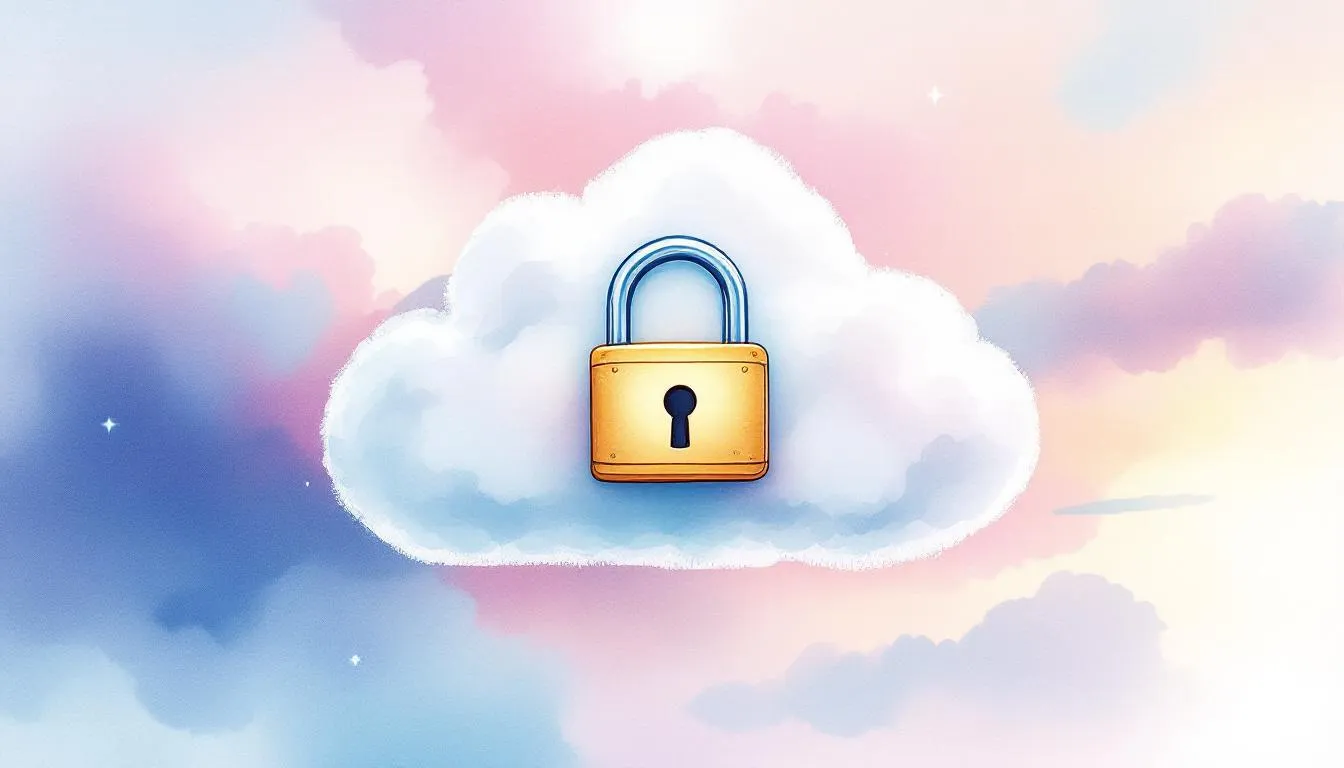 An illustration of cloud security measures, featuring a cloud with a lock symbol and shield. An illustration of cloud security measures, featuring a cloud with a lock symbol and shield.