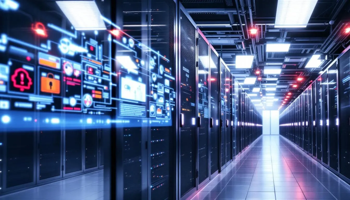 The image depicts a secure cloud storage facility featuring rows of servers and advanced security monitoring systems, designed to protect sensitive data for nonprofit organizations. This facility emphasizes the importance of data protection and efficiency, supporting the mission impact of nonprofits through reliable cloud solutions.