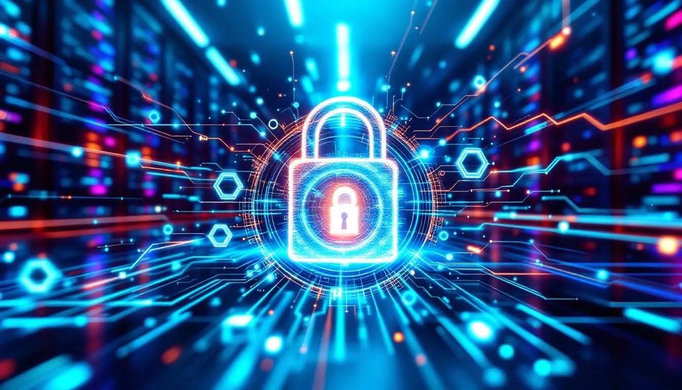 The image illustrates a cybersecurity concept featuring digital locks representing data protection and secure data transmission, emphasizing the importance of cloud solutions for nonprofit organizations. It highlights how strategic partners can enhance mission impact through technology and efficient operations.