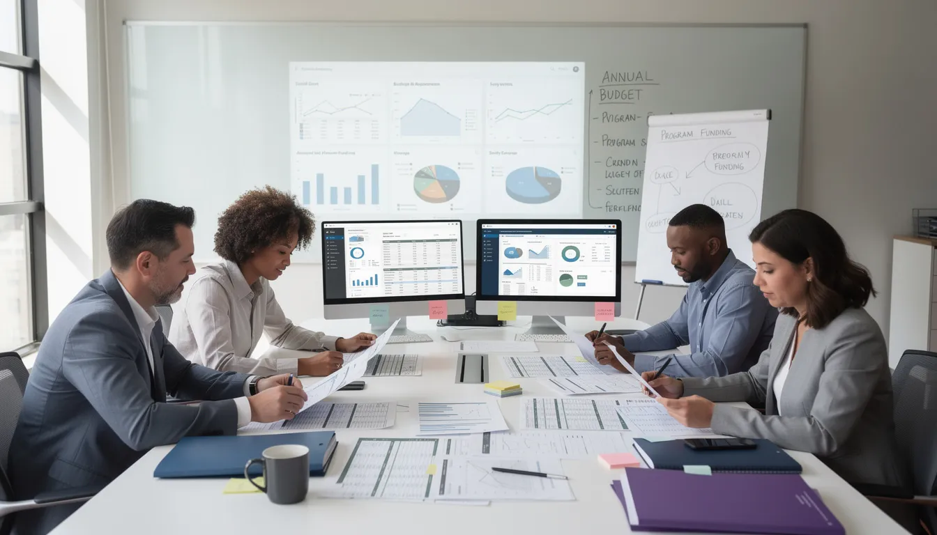The image depicts a nonprofit financial team diligently reviewing budget documents and analyzing data on computer screens displaying accounting software, emphasizing their commitment to managing resources effectively for eligible nonprofit organizations. The atmosphere reflects collaboration and focus as they work to ensure financial stability for their charitable organization. The image depicts a nonprofit financial team diligently reviewing budget documents and analyzing data on computer screens displaying accounting software, emphasizing their commitment to managing resources effectively for eligible nonprofit organizations. The atmosphere reflects collaboration and focus as they work to ensure financial stability for their charitable organization.