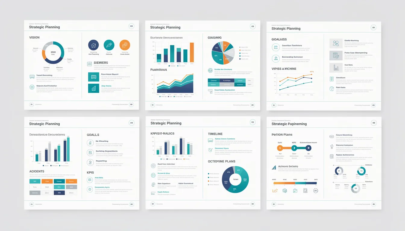 The image features a professional strategic planning document with a clean layout, showcasing colorful charts and well-organized sections that highlight the nonprofit The image features a professional strategic planning document with a clean layout, showcasing colorful charts and well-organized sections that highlight the nonprofit's mission, vision statements, and strategic priorities. It illustrates the strategic planning process, emphasizing measurable objectives and the involvement of key stakeholders in developing the organization's strategic plan.