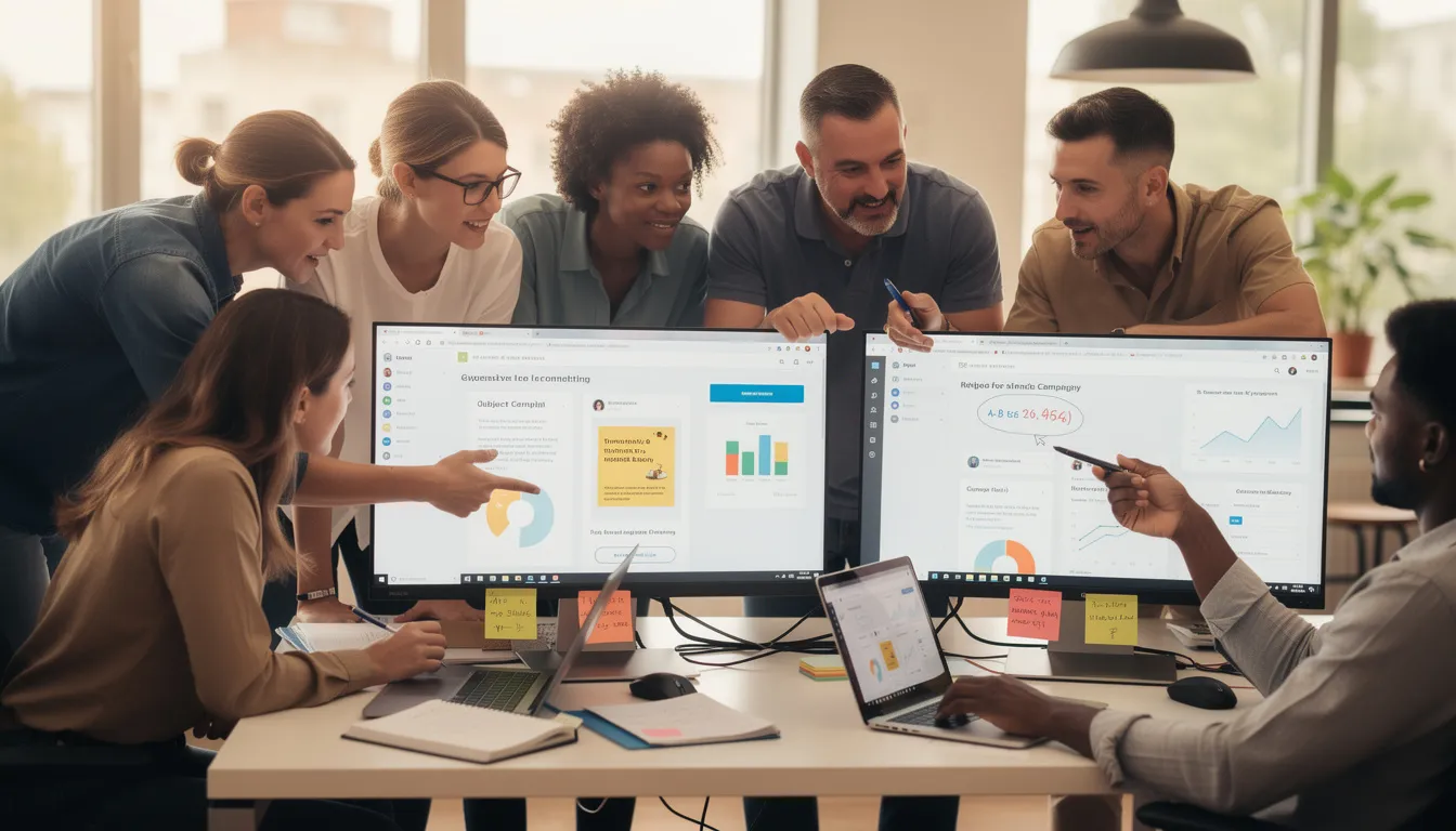The image depicts a diverse group of team members collaborating around computer screens displaying an email marketing interface, highlighting their engagement in nonprofit organizations The image depicts a diverse group of team members collaborating around computer screens displaying an email marketing interface, highlighting their engagement in nonprofit organizations' outreach efforts. This teamwork emphasizes the importance of effective communication tools for eligible nonprofits to raise awareness and connect with potential donors.