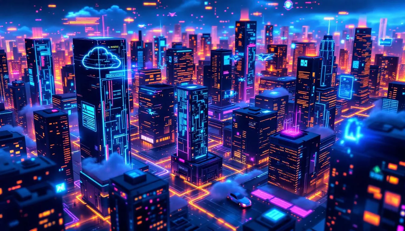 The image depicts a futuristic scene of AI-powered cloud computing, showcasing interconnected devices and dynamic data flows. This visualization emphasizes the seamless integration of cloud applications and services, highlighting the innovative solutions that enhance data security and optimize business operations in a digital landscape. The image depicts a futuristic scene of AI-powered cloud computing, showcasing interconnected devices and dynamic data flows. This visualization emphasizes the seamless integration of cloud applications and services, highlighting the innovative solutions that enhance data security and optimize business operations in a digital landscape.
