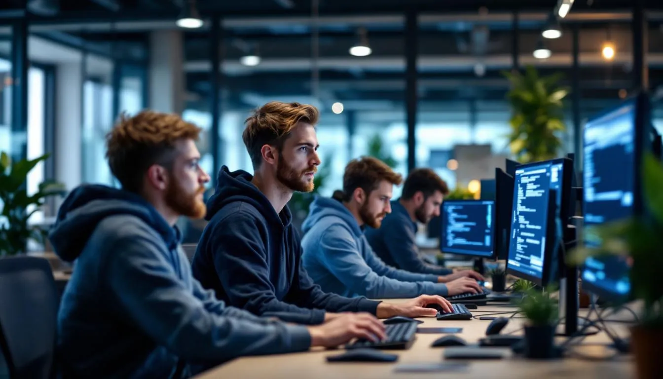 A development team collaborates on coding a cloud application, surrounded by multiple monitors displaying lines of code and various cloud-based services. They are focused on creating innovative solutions for cloud environments, ensuring data security and optimal performance for users accessing the web app. A development team collaborates on coding a cloud application, surrounded by multiple monitors displaying lines of code and various cloud-based services. They are focused on creating innovative solutions for cloud environments, ensuring data security and optimal performance for users accessing the web app.