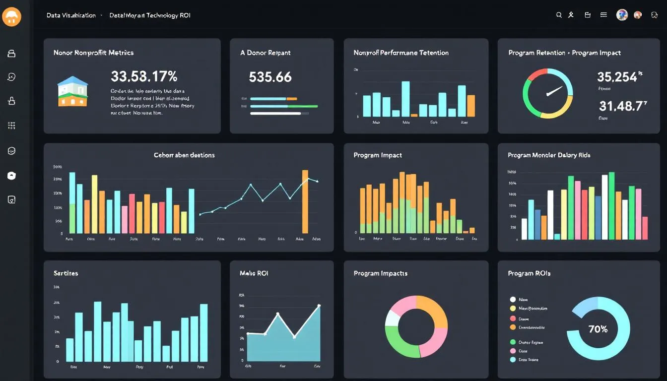 The image depicts a data visualization dashboard showcasing performance metrics for nonprofit organizations, highlighting technology ROI and mission impact. It includes various graphs and charts designed to assist nonprofit leaders in evaluating their operations and strategic partnerships for improved efficiency and positive change.