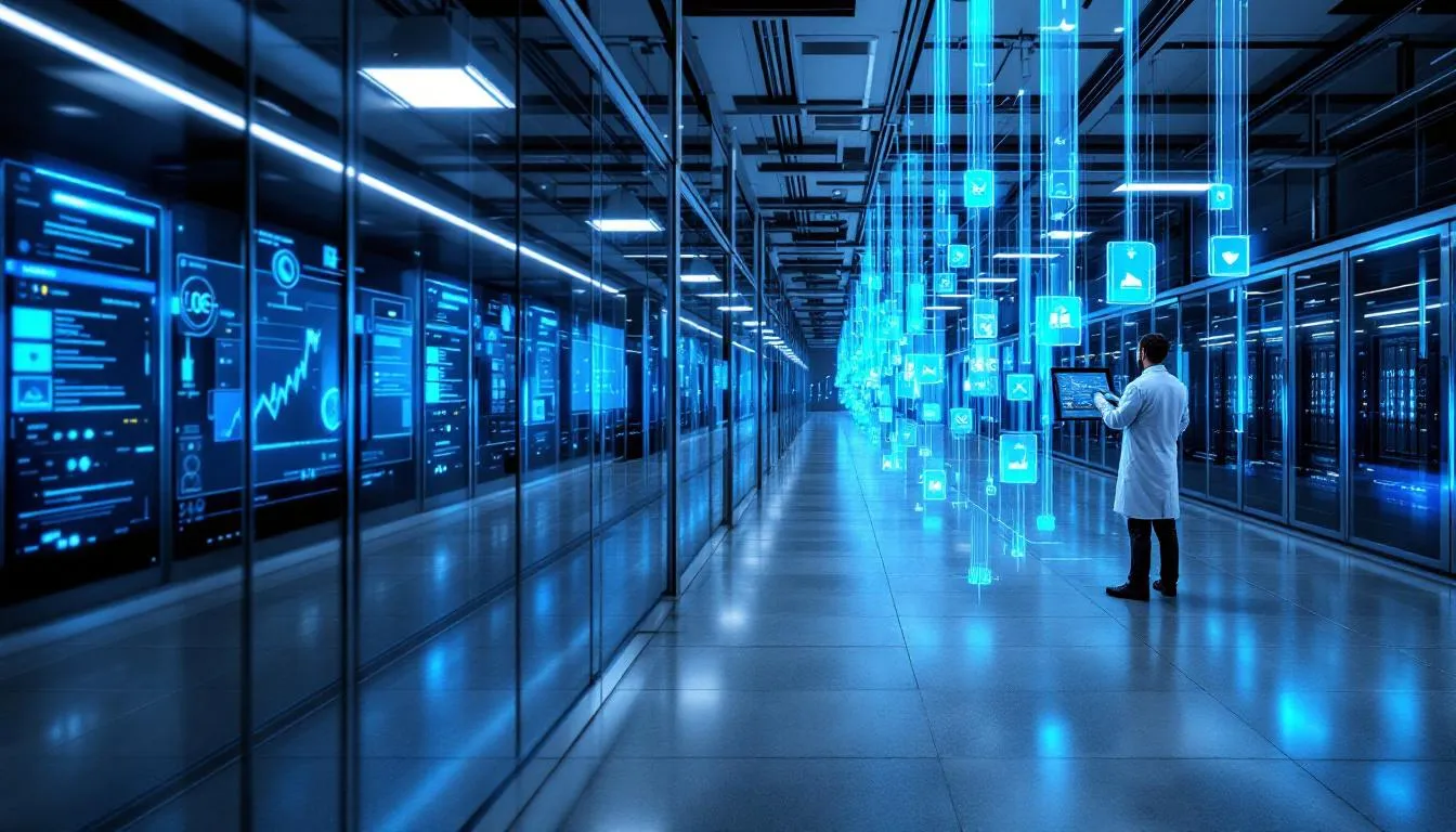 The image depicts a modern data center filled with rows of physical servers, showcasing a visualization of cloud infrastructure that highlights various AWS cloud services. It emphasizes the integration of computing resources, including virtual servers, to enhance operational efficiency and support data analytics in a secure environment. The image depicts a modern data center filled with rows of physical servers, showcasing a visualization of cloud infrastructure that highlights various AWS cloud services. It emphasizes the integration of computing resources, including virtual servers, to enhance operational efficiency and support data analytics in a secure environment.