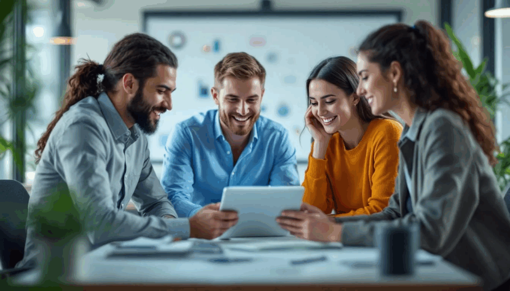 Team collaborating through cloud application project management tool