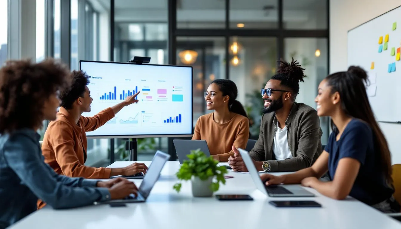 A diverse team of nonprofit leaders collaborates around computers and tablets in a modern office, focusing on innovative cloud solutions and strategic partnerships to enhance their mission impact and drive positive change in the community. The atmosph
<div style=