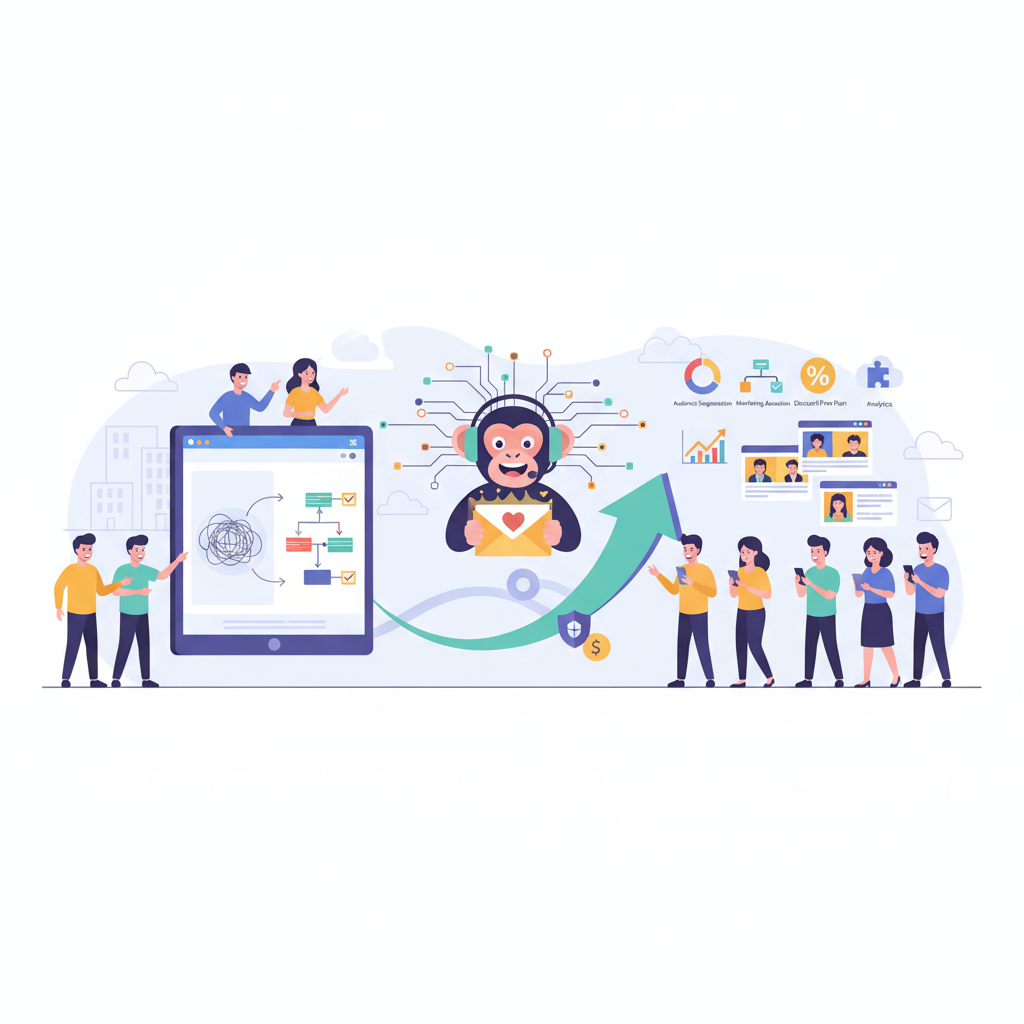 A flat design illustration showing a large, open envelope emitting a stream of digital marketing elements. The elements include a stylized email template, dollar signs representing fundraising, an arrow chart symbolizing A/B testing or analytics, and a group of diverse connected figures representing audience segmentation and engagement. The scene is set against a subtle background of houses, suggesting outreach to the community.