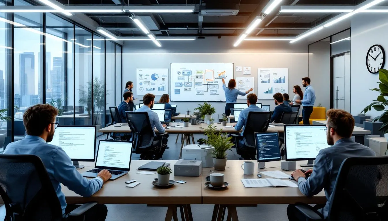 The image depicts a modern office environment where a team of developers collaborates on laptops, surrounded by screens displaying code and deployment pipelines. This setting emphasizes teamwork and productivity in managing technology solutions and infrastructure for businesses. The image depicts a modern office environment where a team of developers collaborates on laptops, surrounded by screens displaying code and deployment pipelines. This setting emphasizes teamwork and productivity in managing technology solutions and infrastructure for businesses.