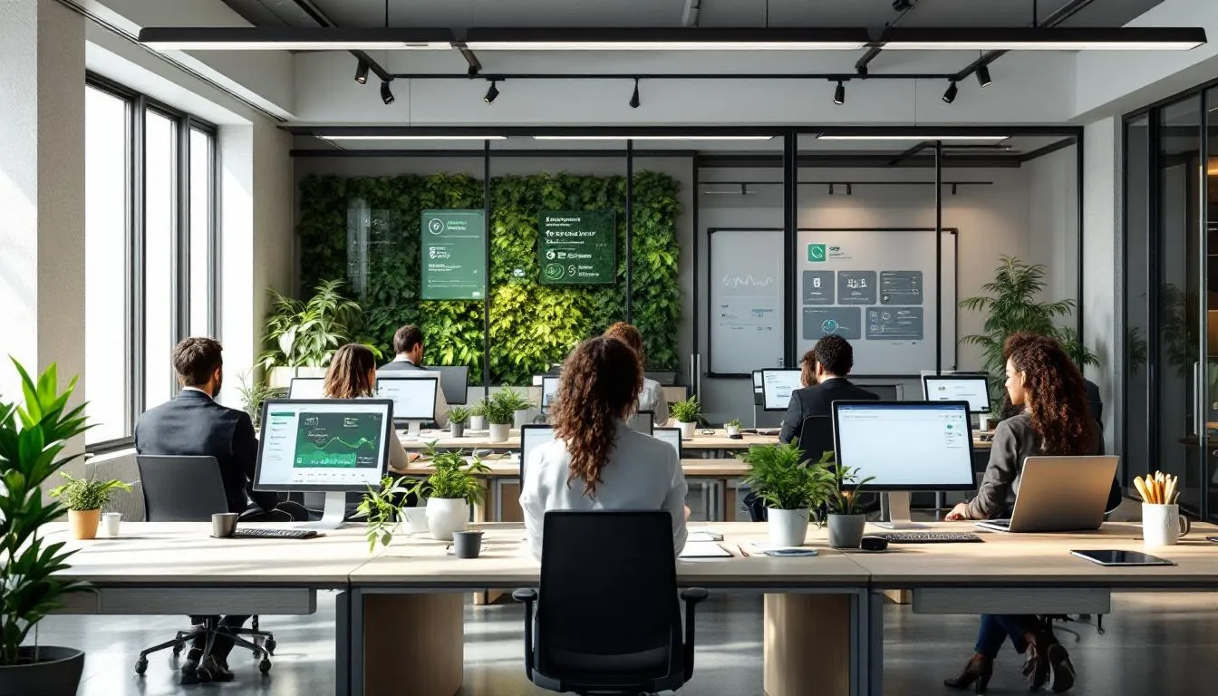 The image depicts a modern workplace that emphasizes sustainable technology practices, featuring energy-efficient equipment and green computing solutions. This environment showcases the benefits of technology consulting services for small businesses, highlighting innovative and scalable solutions to enhance business operations while promoting sustainability. The image depicts a modern workplace that emphasizes sustainable technology practices, featuring energy-efficient equipment and green computing solutions. This environment showcases the benefits of technology consulting services for small businesses, highlighting innovative and scalable solutions to enhance business operations while promoting sustainability.