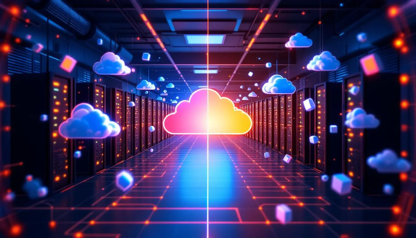 The image illustrates a comparison between cloud servers and traditional on-premise server rooms, highlighting the advantages of cloud computing such as enhanced security, cost savings, and remote server access for users. It visually contrasts the physical infrastructure of on-premise servers with the flexibility and scalability offered by cloud-based applications and services. The image illustrates a comparison between cloud servers and traditional on-premise server rooms, highlighting the advantages of cloud computing such as enhanced security, cost savings, and remote server access for users. It visually contrasts the physical infrastructure of on-premise servers with the flexibility and scalability offered by cloud-based applications and services.