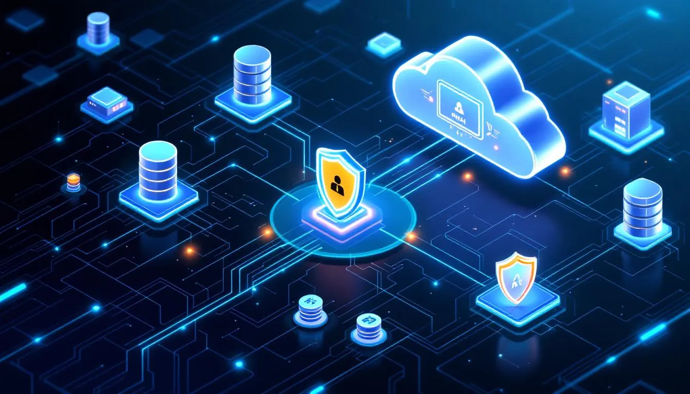The image depicts a modern cloud infrastructure diagram, showcasing interconnected services and security layers designed to enhance data protection for nonprofit organizations. This representation emphasizes the importance of cloud solutions and technology in supporting nonprofit leaders and their mission impact through efficient operations and strategic partnerships.