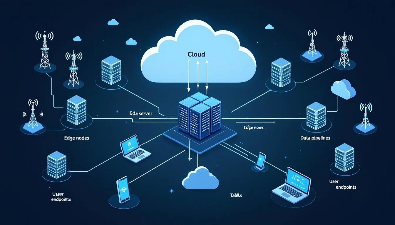 The image depicts a cloud infrastructure diagram illustrating data centers interconnected with various user devices, showcasing how users access cloud applications and services through the internet. This visual representation highlights the relationship between cloud platforms, remote servers, and local devices, emphasizing the importance of data security and efficient business operations in cloud computing. The image depicts a cloud infrastructure diagram illustrating data centers interconnected with various user devices, showcasing how users access cloud applications and services through the internet. This visual representation highlights the relationship between cloud platforms, remote servers, and local devices, emphasizing the importance of data security and efficient business operations in cloud computing.