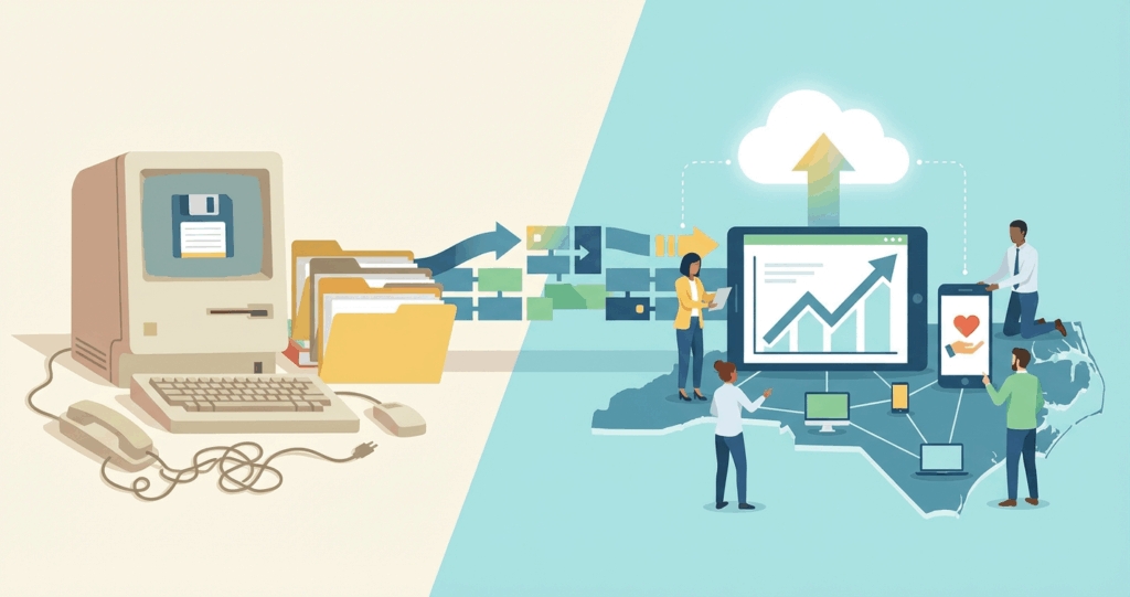 This flat design illustration represents the journey of nonprofit technology modernization. See the path from outdated systems to an efficient infrastructure with AI, enhanced cybersecurity, and a modern tech stack.