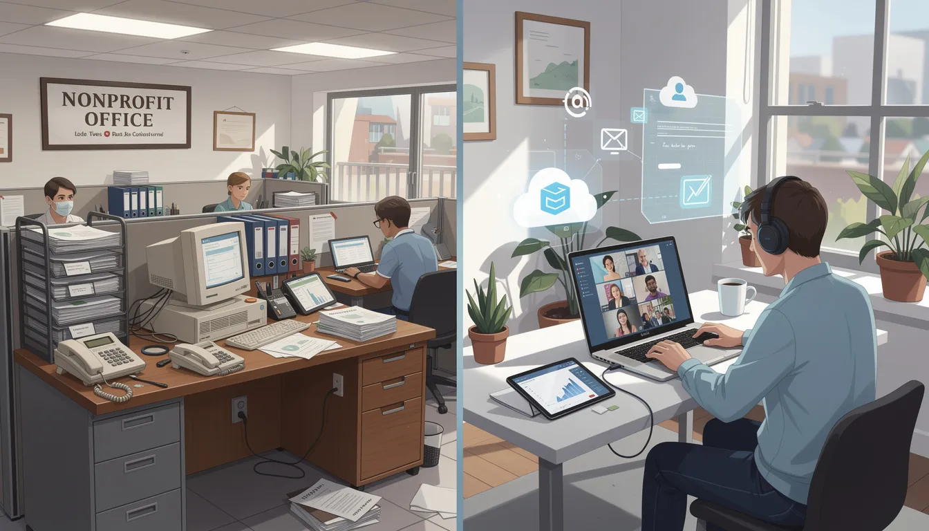 The image features a split screen contrasting a traditional nonprofit office setup, complete with desks and paperwork, against a modern cloud-based remote work environment showcasing individuals collaborating through video conferencing and utilizing cloud applications. This visual highlights the shift towards cloud computing solutions that enhance operational efficiency and support remote business processes. The image features a split screen contrasting a traditional nonprofit office setup, complete with desks and paperwork, against a modern cloud-based remote work environment showcasing individuals collaborating through video conferencing and utilizing cloud applications. This visual highlights the shift towards cloud computing solutions that enhance operational efficiency and support remote business processes.