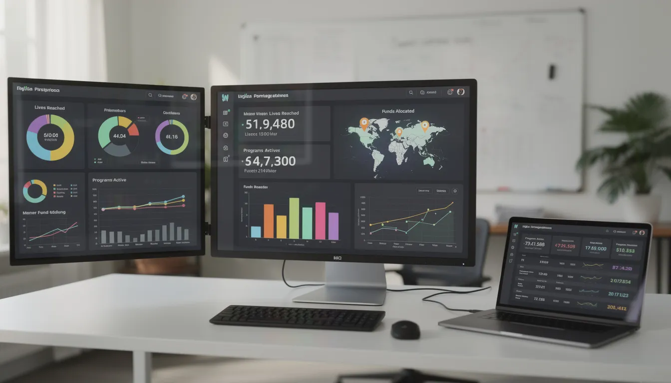 The image depicts a computer screen displaying a dashboard filled with nonprofit impact metrics and real-time data visualizations, showcasing cloud technology applications that enhance data management and operational efficiency. Various graphs and charts illustrate the analytics of customer data and sensitive information, emphasizing the importance of cloud computing services in driving business processes. The image depicts a computer screen displaying a dashboard filled with nonprofit impact metrics and real-time data visualizations, showcasing cloud technology applications that enhance data management and operational efficiency. Various graphs and charts illustrate the analytics of customer data and sensitive information, emphasizing the importance of cloud computing services in driving business processes.