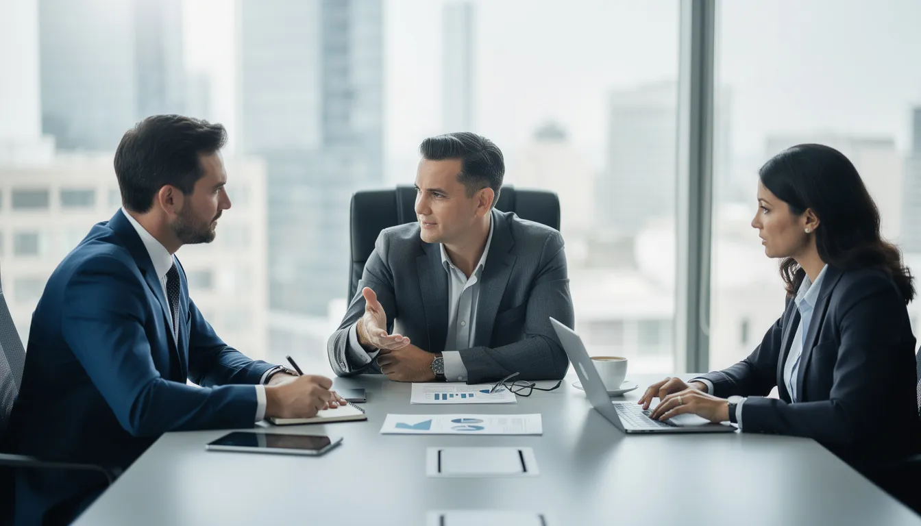 The image depicts a business owner engaged in a professional meeting with consultants, discussing strategies for improving operational efficiency and achieving business goals. The setting reflects a collaborative atmosphere focused on enhancing IT services and exploring managed service provider options for small businesses. The image depicts a business owner engaged in a professional meeting with consultants, discussing strategies for improving operational efficiency and achieving business goals. The setting reflects a collaborative atmosphere focused on enhancing IT services and exploring managed service provider options for small businesses.