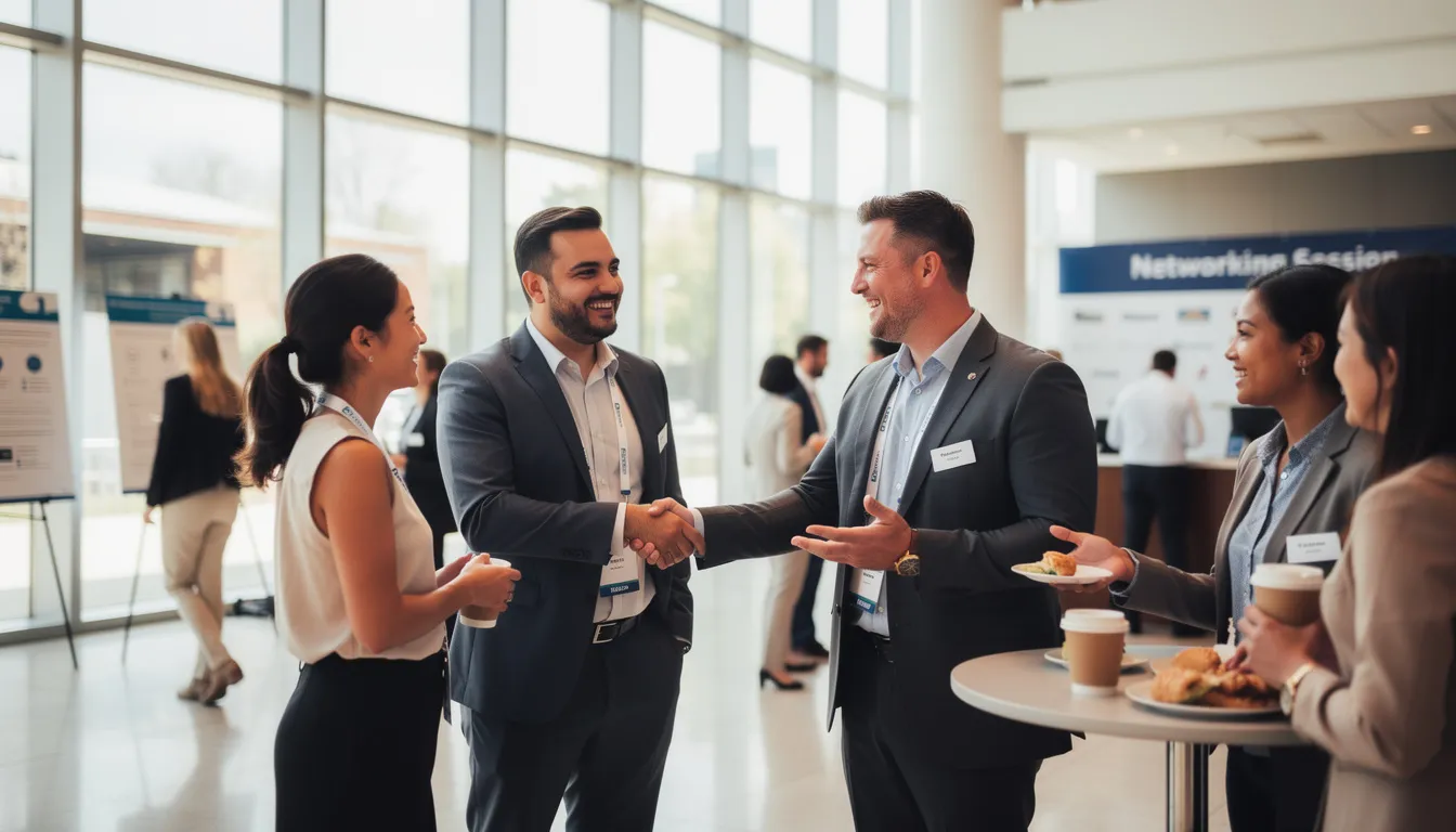 The image depicts a vibrant scene of individuals networking at a professional conference, engaging in conversations and exchanging ideas. Attendees from various nonprofit organizations and community groups gather to explore funding opportunities and discuss grant applications aimed at addressing social and environmental injustices. The image depicts a vibrant scene of individuals networking at a professional conference, engaging in conversations and exchanging ideas. Attendees from various nonprofit organizations and community groups gather to explore funding opportunities and discuss grant applications aimed at addressing social and environmental injustices.