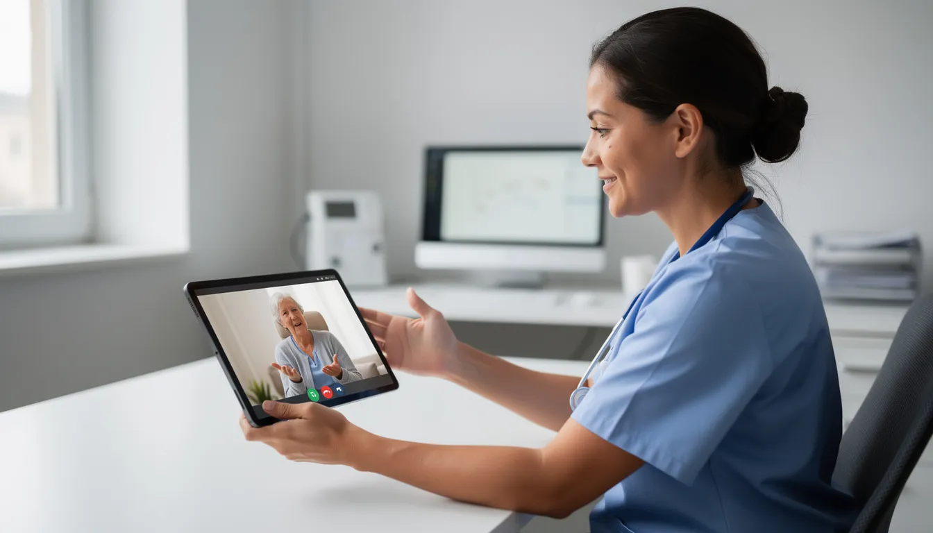 An healthcare worker is conducting a telehealth consultation with a patient via a tablet device, utilizing cloud technology to ensure secure and efficient communication. This setup highlights the use of cloud computing applications in healthcare, allowing for remote consultations and access to sensitive data. An healthcare worker is conducting a telehealth consultation with a patient via a tablet device, utilizing cloud technology to ensure secure and efficient communication. This setup highlights the use of cloud computing applications in healthcare, allowing for remote consultations and access to sensitive data.