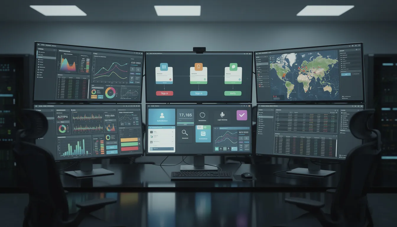 The image depicts multiple computer screens displaying security monitoring dashboards and authentication processes, highlighting various cloud computing applications and enhanced security measures for managing sensitive data. These screens illustrate the operational efficiency and advanced security features of cloud services in a modern digital environment. The image depicts multiple computer screens displaying security monitoring dashboards and authentication processes, highlighting various cloud computing applications and enhanced security measures for managing sensitive data. These screens illustrate the operational efficiency and advanced security features of cloud services in a modern digital environment.